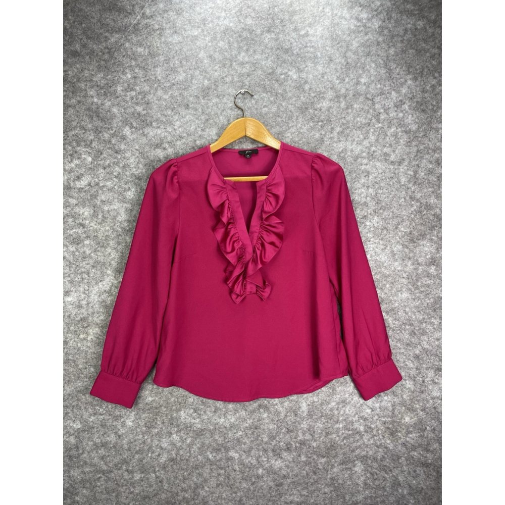 J.Crew Pink Ruffle Front Long Sleeve V Neck Satin Blouse Top Womens size Medium